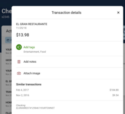 Example of transaction details screen